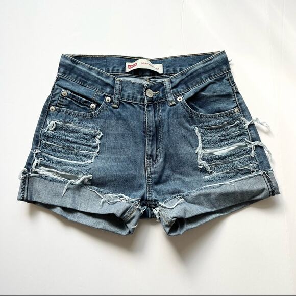 Levi’s Denim Shorts‎ 25" Custom Distressed High Rise Fold Over - Picture 1 of 14